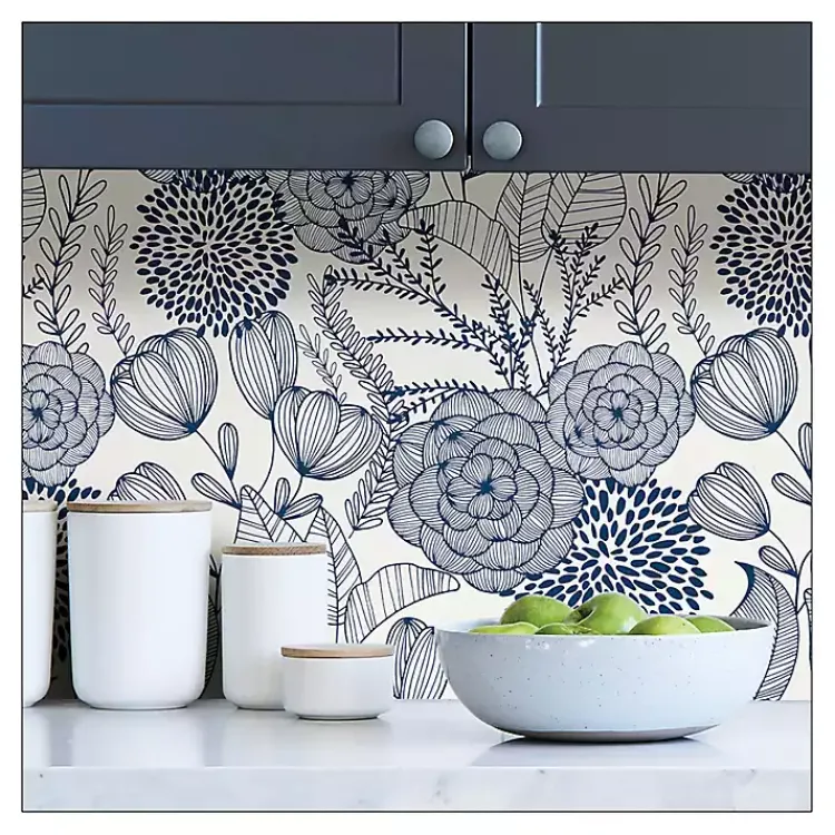 Kirklands Home Wall Murals & Wallpaper|Navy Floral Garden Peel & Stick Wallpaper Blue