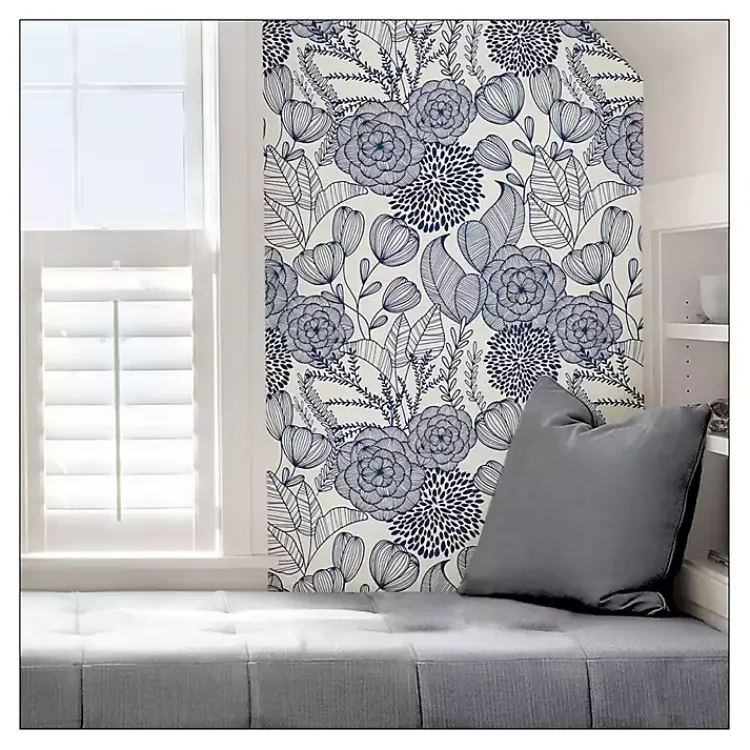 Kirklands Home Wall Murals & Wallpaper|Navy Floral Garden Peel & Stick Wallpaper Blue