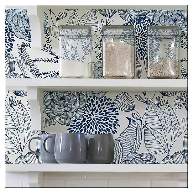 Kirklands Home Wall Murals & Wallpaper|Navy Floral Garden Peel & Stick Wallpaper Blue