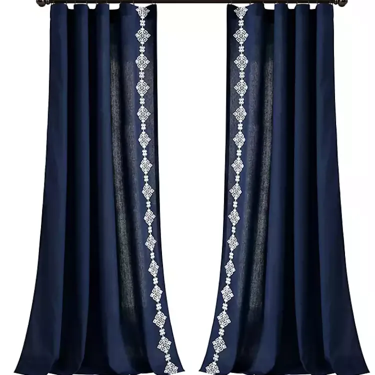 Kirklands Home Curtains & Drapes|Navy Geometric Border Curtain Panel, 84 in. Blue