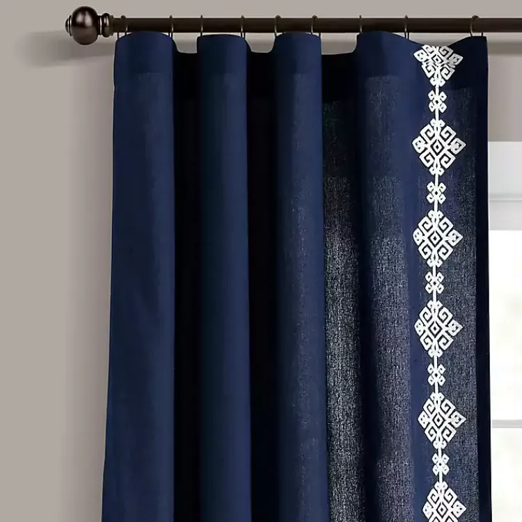 Kirklands Home Curtains & Drapes|Navy Geometric Border Curtain Panel, 84 in. Blue