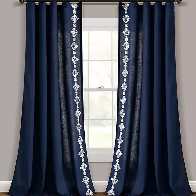 Kirklands Home Curtains & Drapes|Navy Geometric Border Curtain Panel, 84 in. Blue