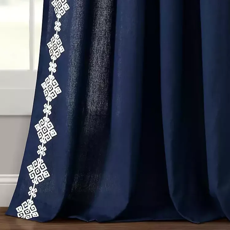 Kirklands Home Curtains & Drapes|Navy Geometric Border Curtain Panel, 84 in. Blue