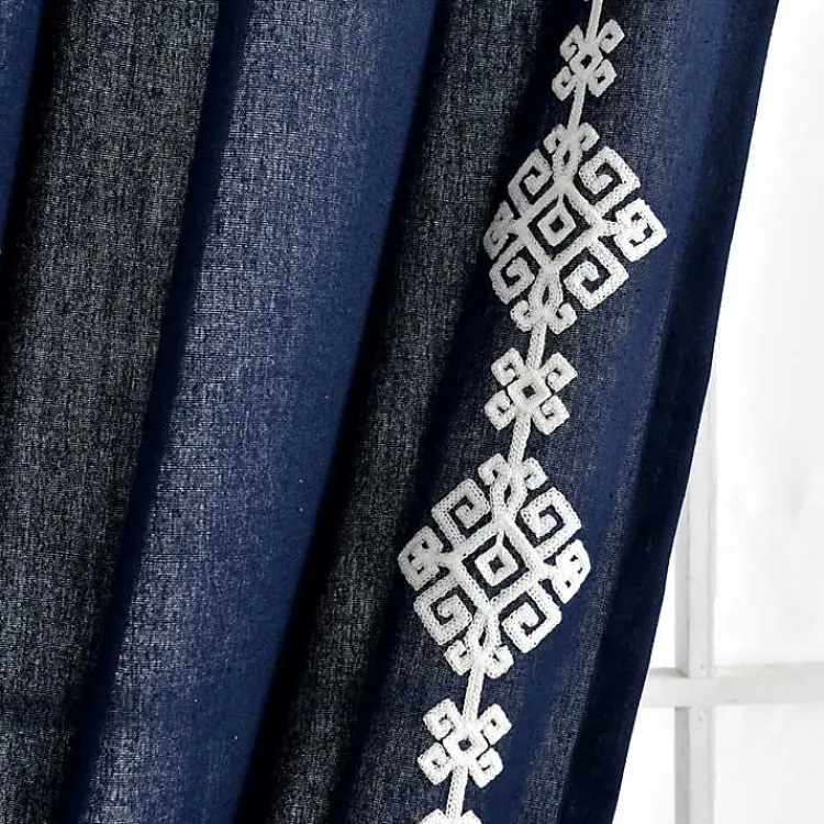 Kirklands Home Curtains & Drapes|Navy Geometric Border Curtain Panel, 84 in. Blue