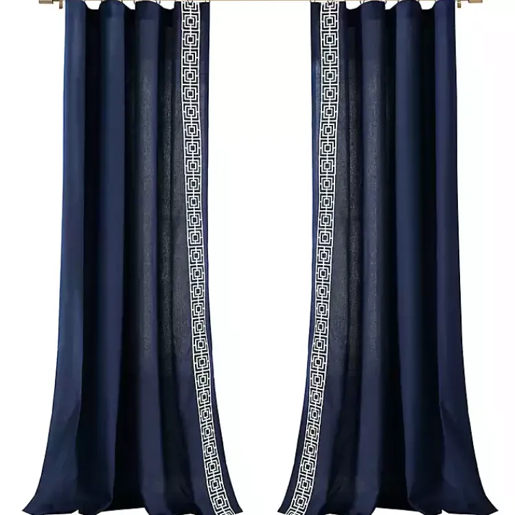 Kirklands Home Curtains & Drapes|Navy Modern Square Border Curtain Panel, 84 in. Blue