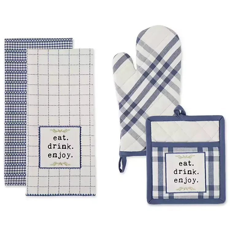 Kirklands Home Kitchen Accessories|Navy Plaid Eat Drink Enjoy 4-pc. Dish Towel Set