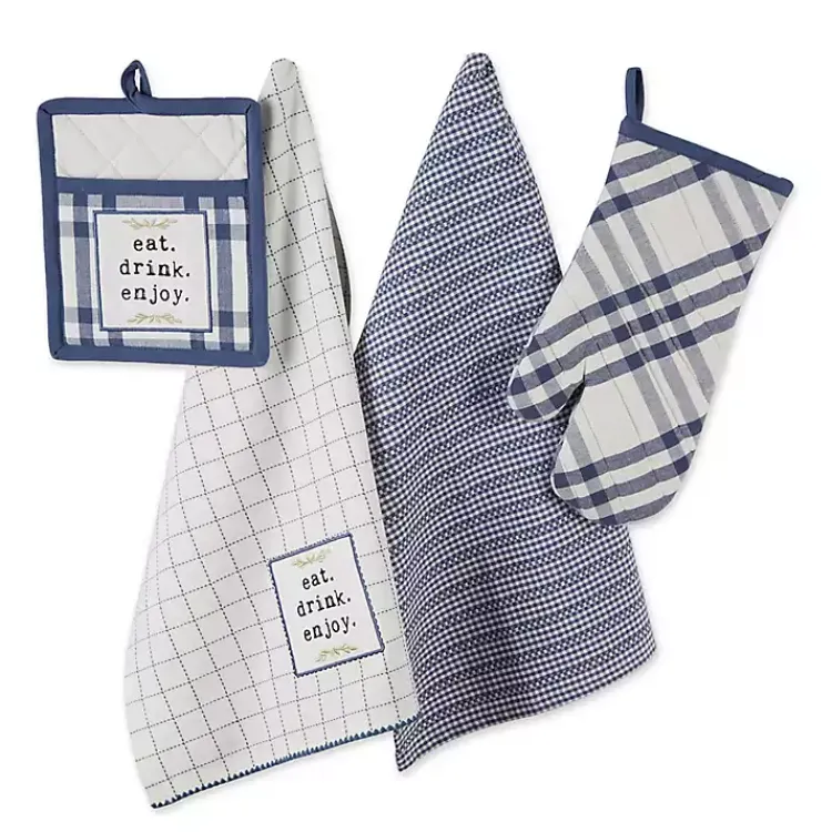Kirklands Home Kitchen Accessories|Navy Plaid Eat Drink Enjoy 4-pc. Dish Towel Set