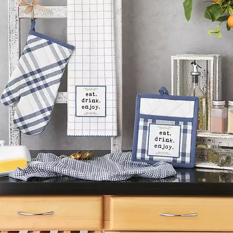 Kirklands Home Kitchen Accessories|Navy Plaid Eat Drink Enjoy 4-pc. Dish Towel Set