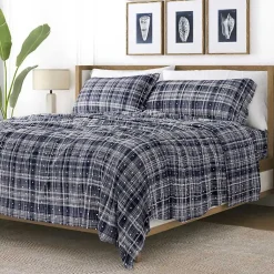 Kirklands Home Bed Sheets|Navy Plaid Polka Dot 3-pc. Twin Sheet Set Blue