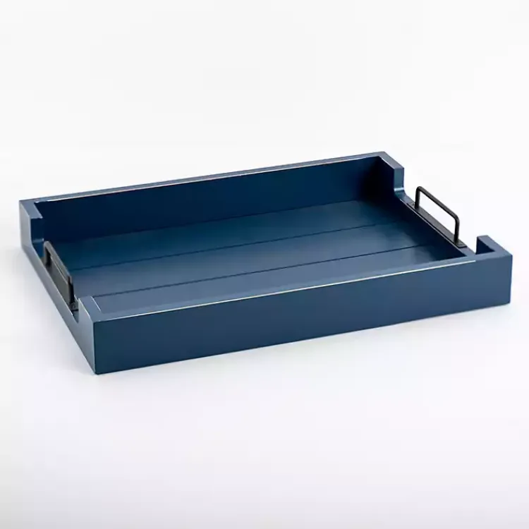 Outlet Navy Slatted Wood & Metal Handles Tray Decorative Trays