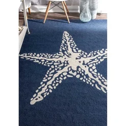 Kirklands Home Outdoor Rugs|Navy Starfish Hooked Indoor/Outdoor Area Rug, 7x9