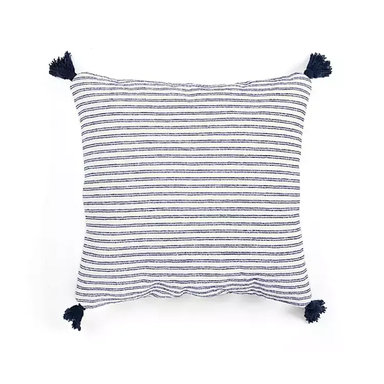 Navy Thin Woven Stripe Tassel Pillow Pillows