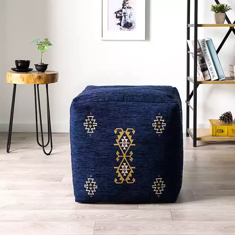 New Navy Turkish Motifs Ultra-Soft Pouf Poufs & Floor Cushions
