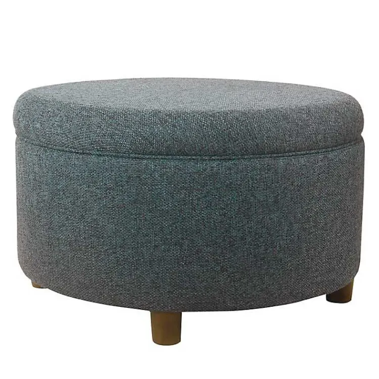 Kirklands Home Benches & Ottomans|Navy Upholstered Round Storage Ottoman Blue