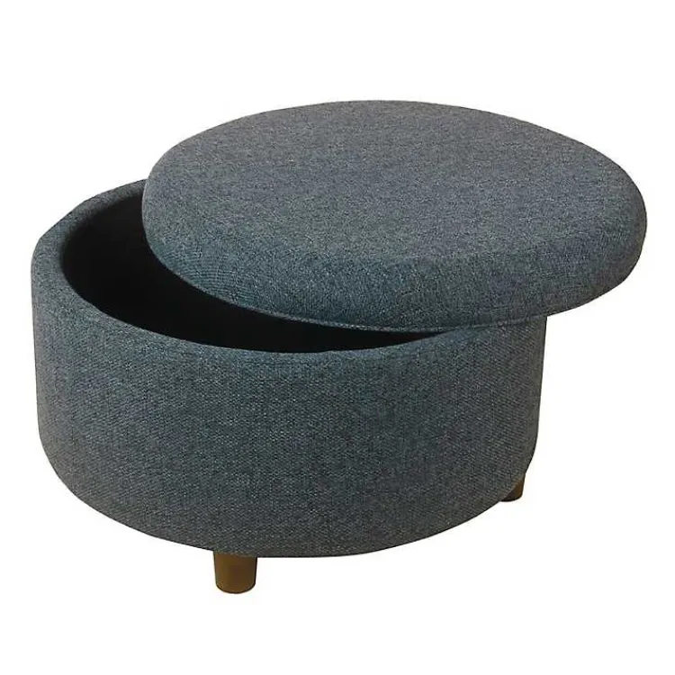 Kirklands Home Benches & Ottomans|Navy Upholstered Round Storage Ottoman Blue