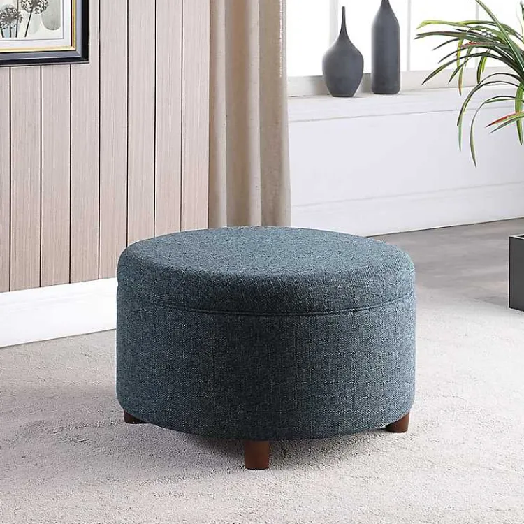 Kirklands Home Benches & Ottomans|Navy Upholstered Round Storage Ottoman Blue