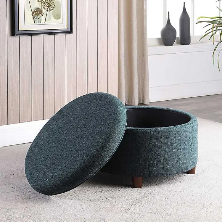 Kirklands Home Benches & Ottomans|Navy Upholstered Round Storage Ottoman Blue