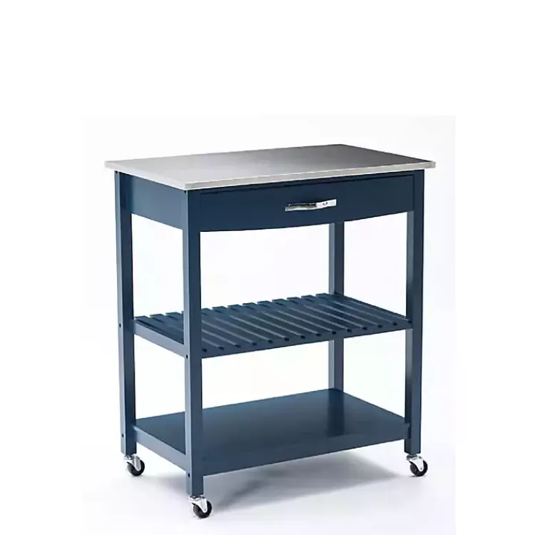Kirklands Home Kitchen Islands & Bar Carts|Navy Wood and Stainless Steel Top Kitchen Cart Blue