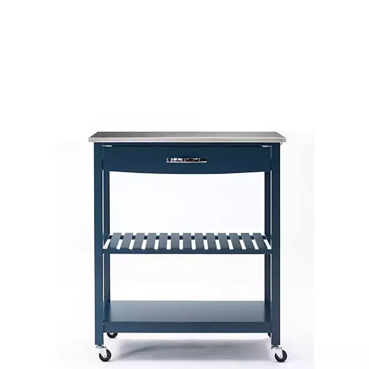 Kirklands Home Kitchen Islands & Bar Carts|Navy Wood and Stainless Steel Top Kitchen Cart Blue