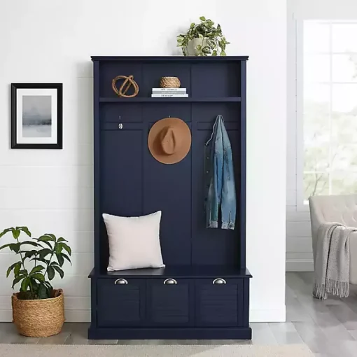 Kirklands Home Entryway Furniture|Navy Wood Storage Bench Hall Tree Blue