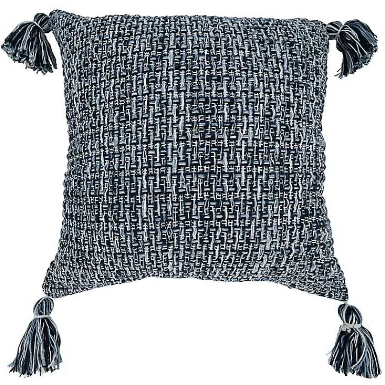 Online Navy Woven Texture Tassels Throw Pillow Pillows