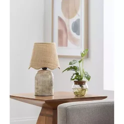 Kirklands Home Table Lamps|Neutral Faux Stone Table Lamp with Scalloped Shade Tan