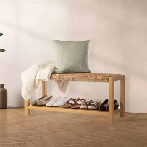 Kirklands Home Entryway Furniture|Newport Natural Wood and Rattan Bench with Shelf Brown