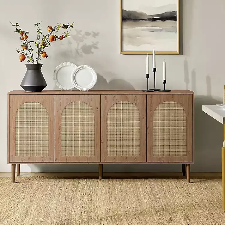 Kirklands Home Cabinets & Sideboards|Oak and Natural Rattan 4-Door Sideboard Brown