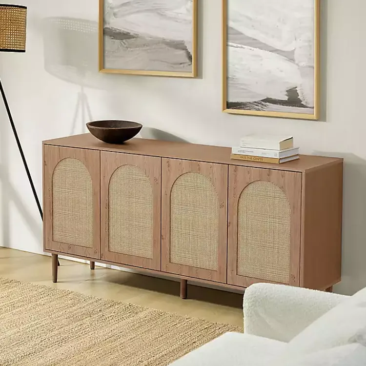 Kirklands Home Cabinets & Sideboards|Oak and Natural Rattan 4-Door Sideboard Brown