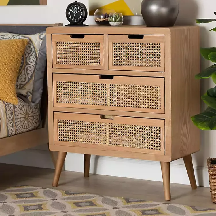 Kirklands Home Dressers & Chests|Oak and Rattan 4-Drawer Chest