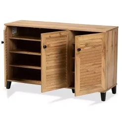 Kirklands Home Entryway Furniture|Oak 3-Door Slatted Shoe Storage Cabinet Brown