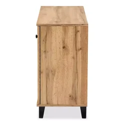 Kirklands Home Entryway Furniture|Oak 3-Door Slatted Shoe Storage Cabinet Brown