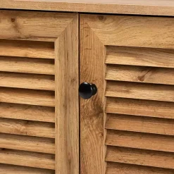 Kirklands Home Entryway Furniture|Oak 3-Door Slatted Shoe Storage Cabinet Brown
