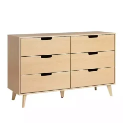 Kirklands Home Dressers & Chests|Oak Wood Simple Grooved Handle 6-Drawer Dresser Tan