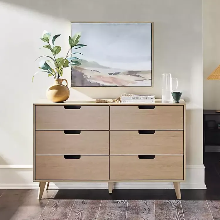 Kirklands Home Dressers & Chests|Oak Wood Simple Grooved Handle 6-Drawer Dresser Tan