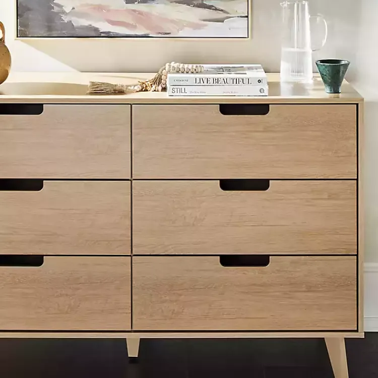 Kirklands Home Dressers & Chests|Oak Wood Simple Grooved Handle 6-Drawer Dresser Tan