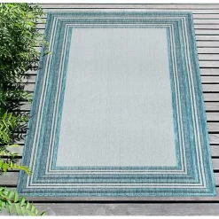 Kirklands Home Outdoor Rugs|Ocean Blue Threaded Frame Outdoor Area Rug, 4x7