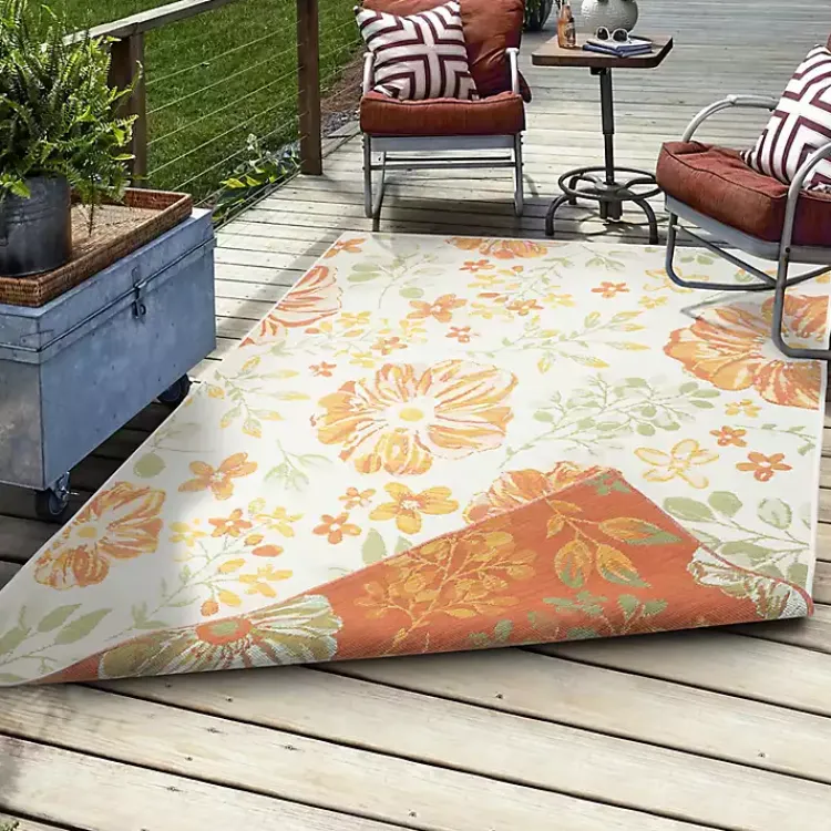 Kirklands Home Outdoor Rugs|Orange & Green Floral Reversible Outdoor Rug, 5x7