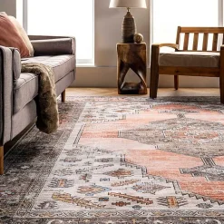 Kirklands Home Area Rugs|Orange Distressed Medallion Washable Area Rug, 3x5