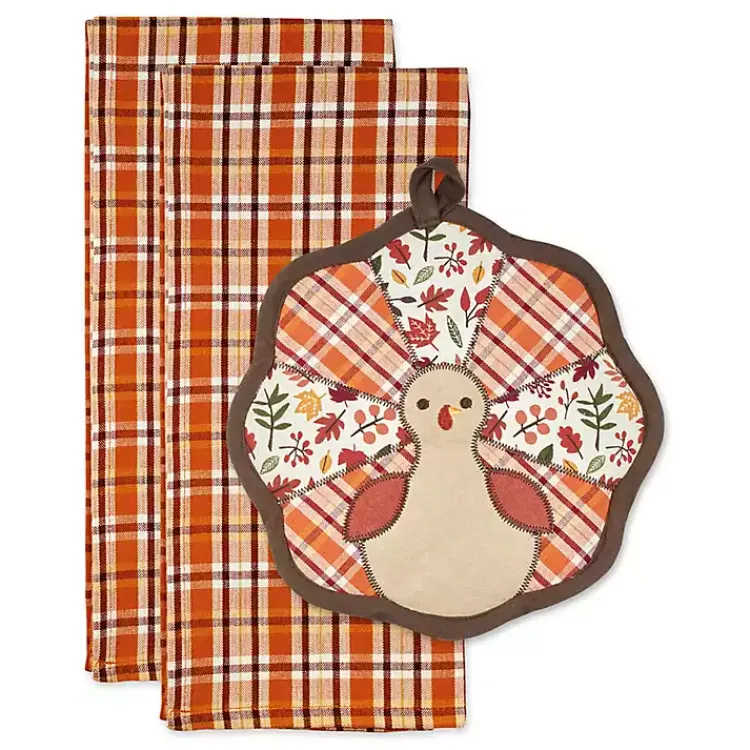 Best Orange Plaid Turkey 3-pc. Potholder & Towel Set Fall