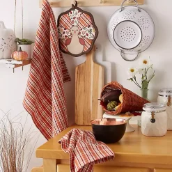 Best Orange Plaid Turkey 3-pc. Potholder & Towel Set Fall