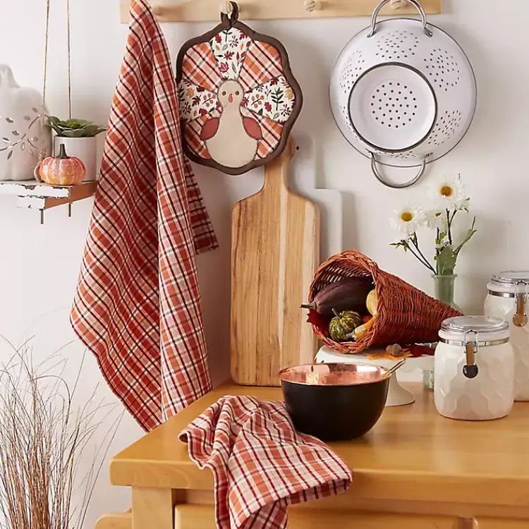 Best Orange Plaid Turkey 3-pc. Potholder & Towel Set Fall