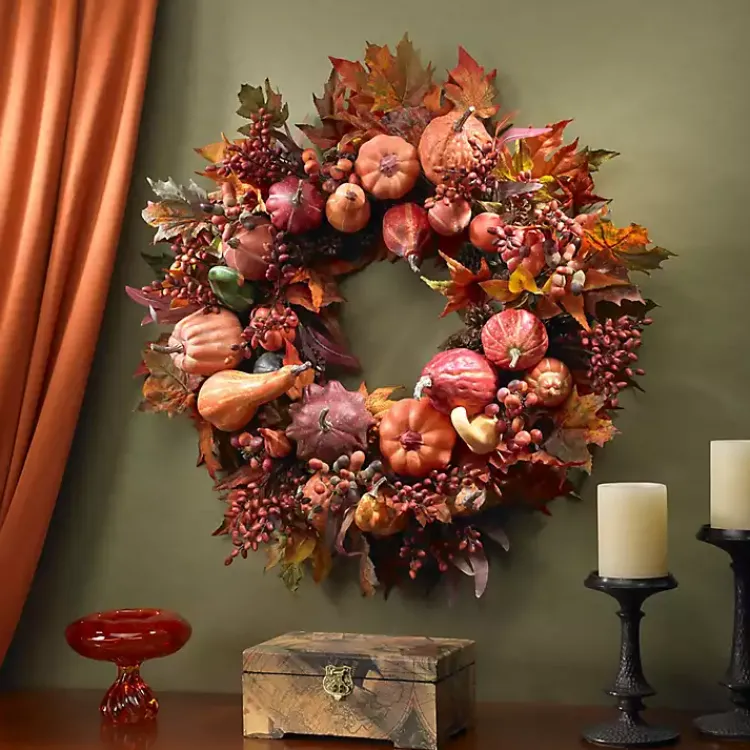 Sale Orange Pumpkin Gourd and Berry Wreath Wreaths
