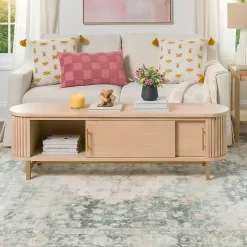 Kirklands Home Coffee Tables|Oval Ribbed Sliding Doors Coffee Table Tan