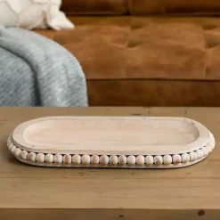 Oval Whitewashed Beaded Wood Tray Decorative Trays