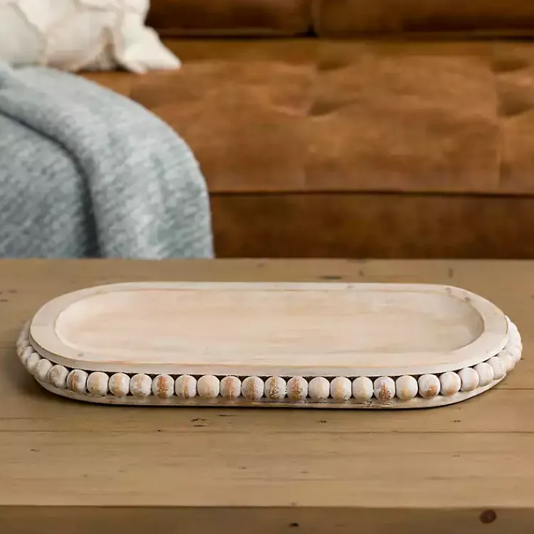 Oval Whitewashed Beaded Wood Tray Decorative Trays