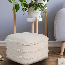 Outlet Pale Beige Tufted Stripe Cotton Square Pouf Poufs & Floor Cushions