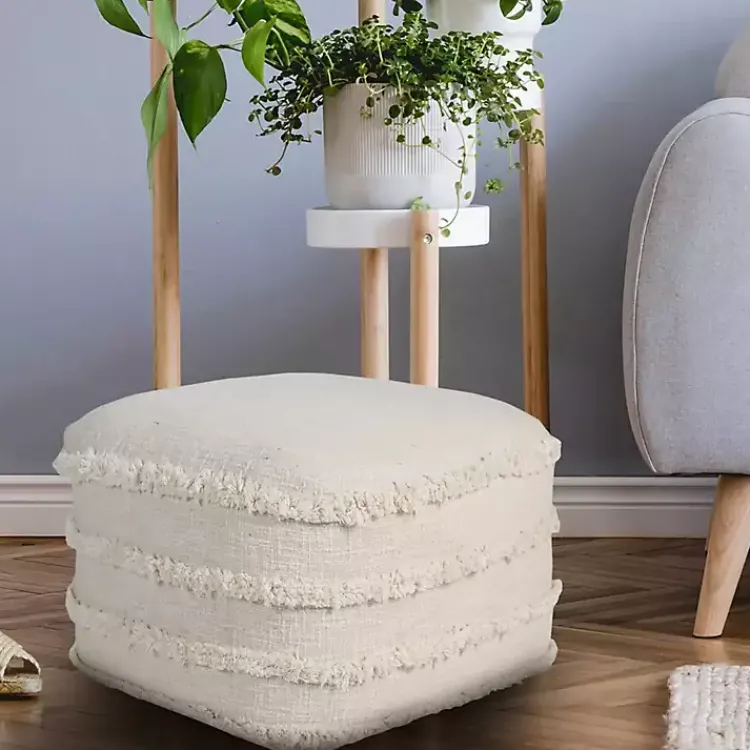 Outlet Pale Beige Tufted Stripe Cotton Square Pouf Poufs & Floor Cushions