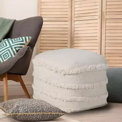 Outlet Pale Beige Tufted Stripe Cotton Square Pouf Poufs & Floor Cushions