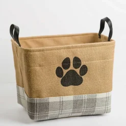New Paw Print Gray Plaid Leather Handle Jute Bin Baskets & Boxes